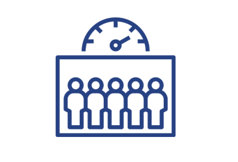 A dark blue and white icon showing a group of people inside a box with a gauge above it, representing capacity or occupancy limits.