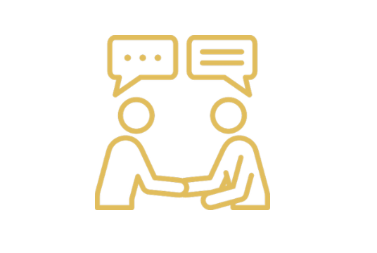 yellow and white icon of two people shaking hands with speech bubbles above them, representing communication, discussion, or collaboration.