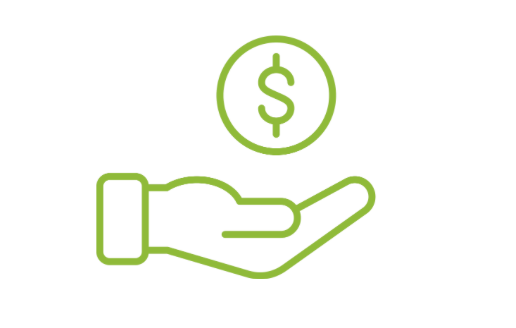 A light green and white icon of an open hand with a dollar coin above it, representing cost or pricing.