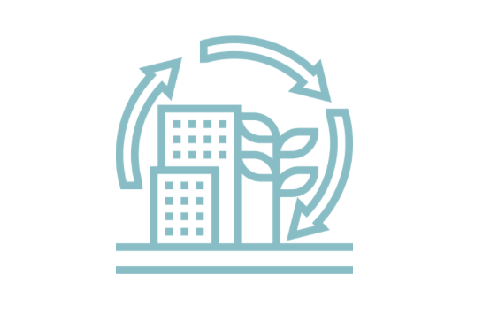 A light blue icon of buildings with a plant and circular arrows, representing business sustainability and long-term growth.