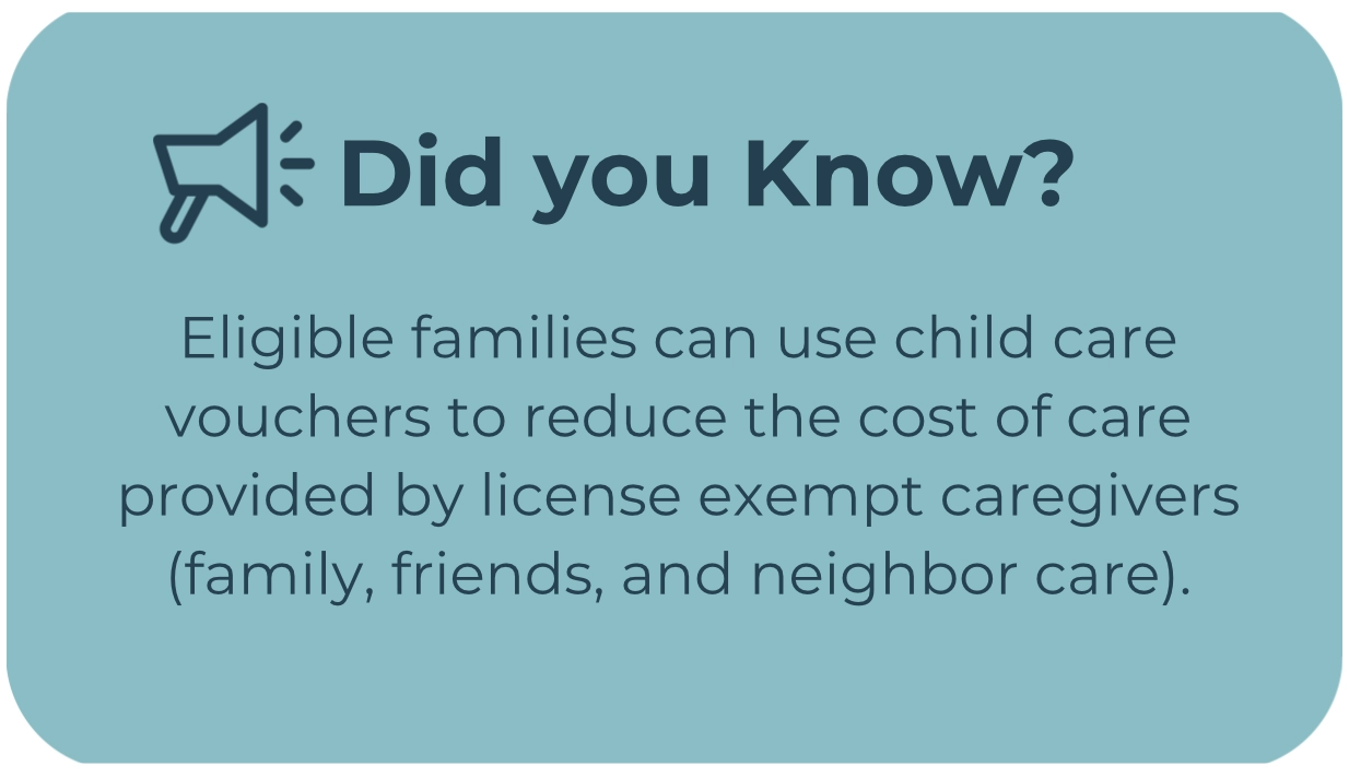 Megaphone icon next to text stating that eligible families can use child care vouchers to lower the cost of care from license-exempt caregivers, such as family, friends, or neighbors.