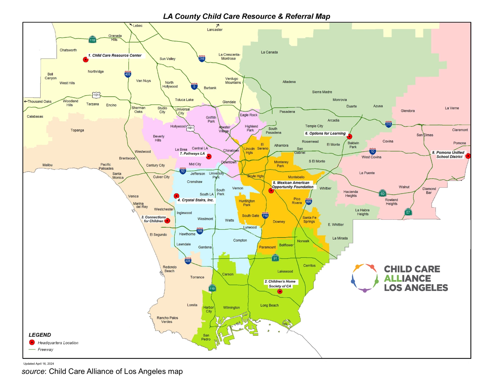 Map of Los Angeles County showing the locations and service areas of local Resource & Referral (R&R) agencies that support families and child care providers across the region.